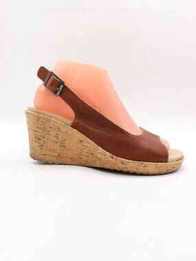 Crocs A-Leigh Women's Size 7 Brown Leather Slingback Cork Wedge Heels Sandals